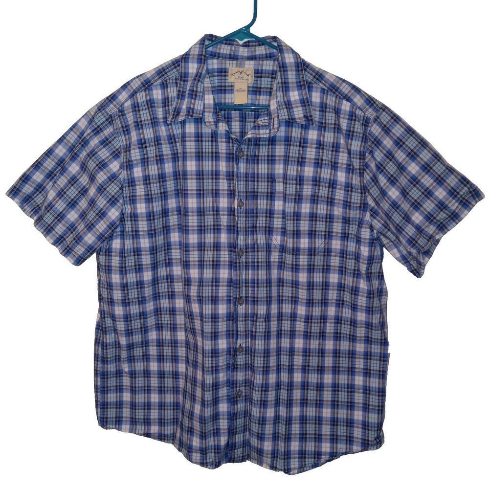 Blue Mountain Button Down Shirt Mens XL Blue Plaid Short Sleeve Cotton SMW20